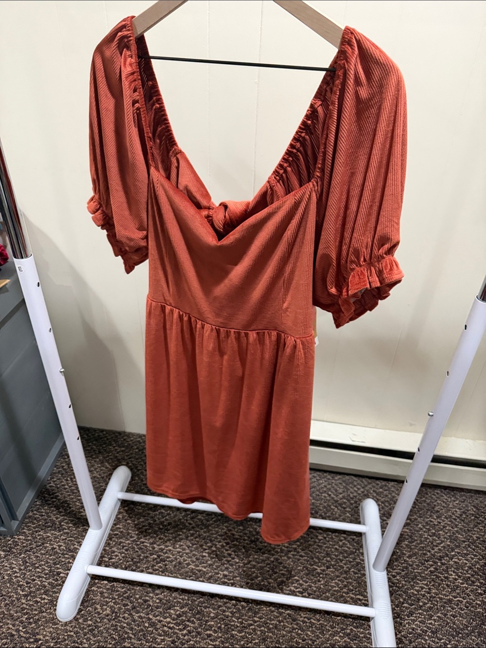 ARULA Rust Red Puff-Sleeve Mini Dress